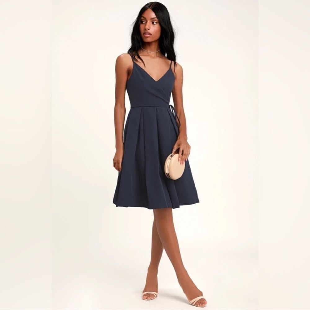 Lulus Thinking About You Navy Blue Pleated Faux Wrap Midi Dress Size Small